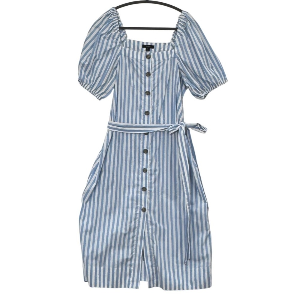 J. CREW Cottage Dress Womens SM Blue Stripe Puff Sleeve Belted 100% Cotton Sun